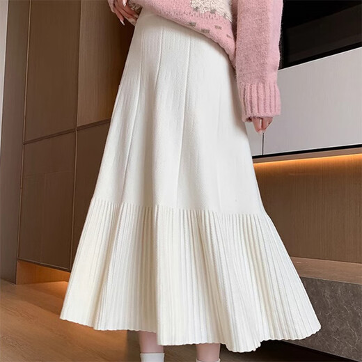 Little Elephant White Knitted Skirt Autumn and Winter 2025 New Pleated Skirt Skirt Winter Skirt A-Line Skirt Long Skirt for Short People Soft and Glutinous Pleated Knitted A-Line Skirt One Size