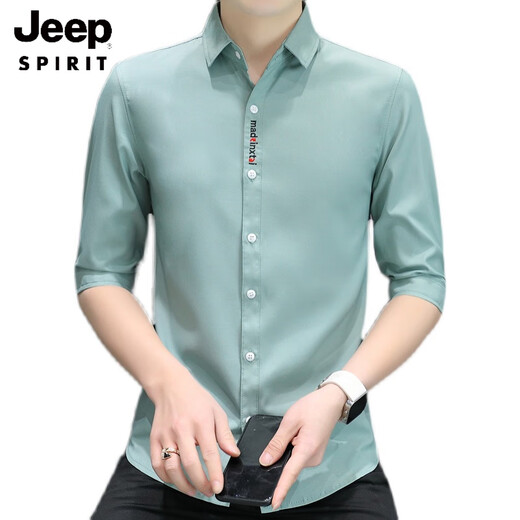 Jeep Spirit 7-Viertel-Ärmelhemd Herreneis Seiden kurzärmelig sommerdes dünnes, gelegentliches elastisches Hemd schlank und modisch glatt mittelgroß 684 schwarz M 80-105jin [Jin ist 0,5 kg]
