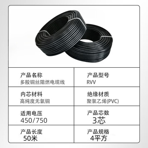 
Dingxian Wire and Cable RVV 3*4 square three core multi-strand copper wire signal wire soft sheathed wire full inspection 50 meters