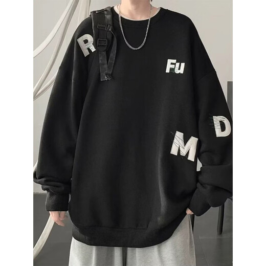 POUM圆领卫衣男春秋季款潮流美式印花长袖无帽上衣服新年红色港风卫衣 YSXS-H1476黑色 2XL