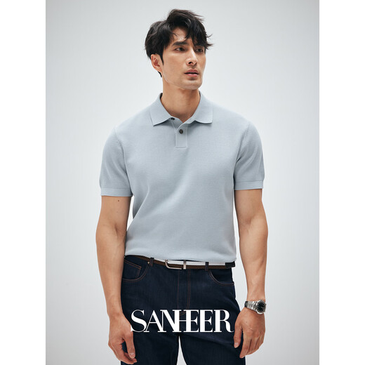 
SANHEER [Estoric Gentleman] 120S long velvet cotton breathable hole-pulling process Summer lapel short-sleeved T-shirt DAT983 Sunny Blue L /50