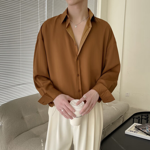 Lomongoba Kragenhemd Herrener Anzug hübsches High-End-Eis-Seiden-Hemd Frühling Outfit mit einer ganzen Reihe Sommerkleidung Khaki-Hemd + Aprikosenhose XL