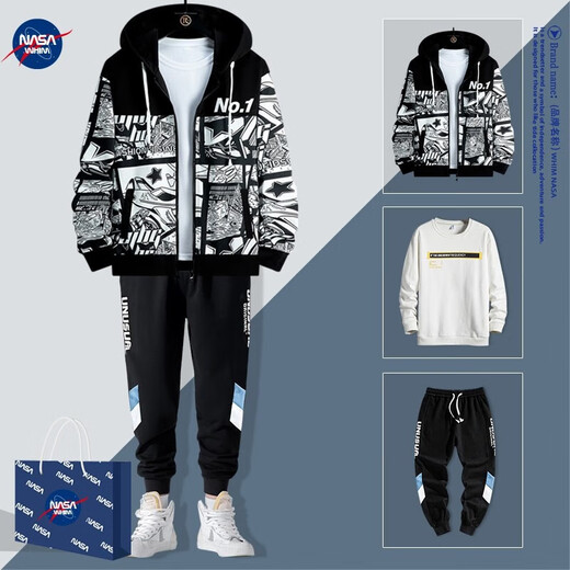 WHIM NASA男士外套男春秋季款夹克衣服男装三件套运动套装青少年初高中学生 838 黑灰色 三件套 XL