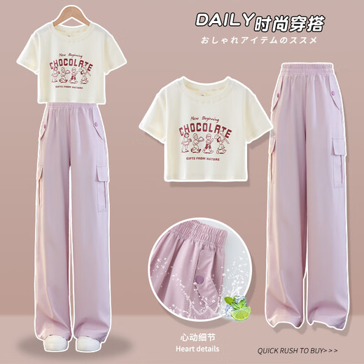 Disney Girls Summer Suit Set 2025 Neue modische Kinder im Internet Promi Summer Style Junior High School Schüler Großer Kinder Kurzarm Zweiköpfig Set 15029 Purple + 9889 White 150 cm