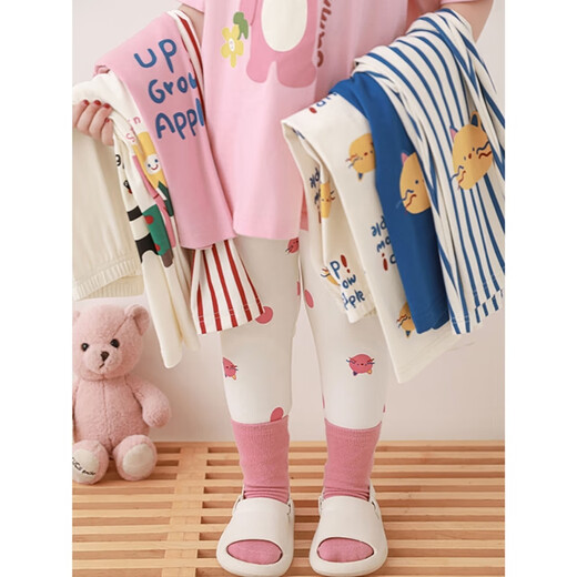 幼悠女童卡通印花修身打底裤夏季童趣可爱Q弹柔滑柔软亲肤休闲裤 蓝色条纹X4858 110 cm