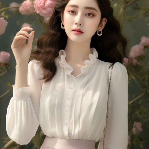 MODX temperament fungus collar white shirt 2025 European small shirt this year's popular beautiful tops for women white shirt S 80-100Jin Jin is equal to 0.5 kg