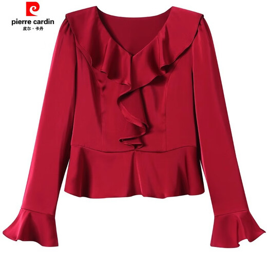 Pierre Cardin ruffled chiffon shirt women's long-sleeved spring and autumn new v-neck waist top short shirt belly-covering shirt red M
