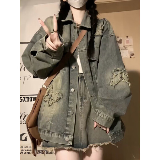 Die bestickte Jeansjacke mit mittlerer Länge für Frauen im Frühjahr und Herbst 2025 Neues gerissenes Design Loose Retro Jacket Top Retro Blue Single Piece 12401# Retro Blue Single S (95jin [Jin ist gleich 0,5 kg])