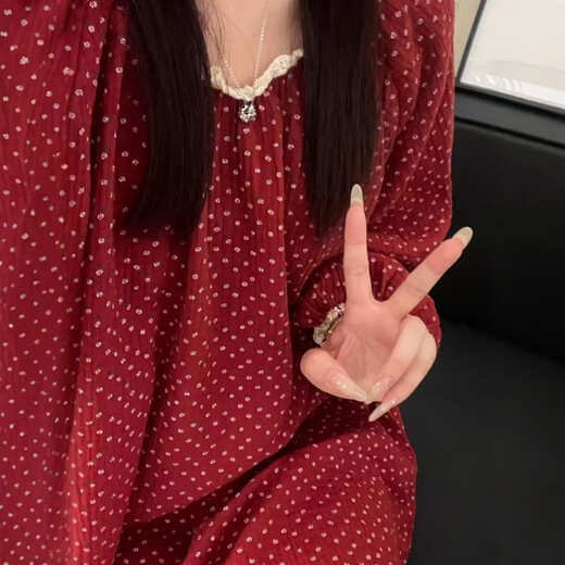 猫人少女甜美复古碎花公主风棉纱睡衣女春秋季新款长袖家居服纯棉 1203/红色碎花裙 M