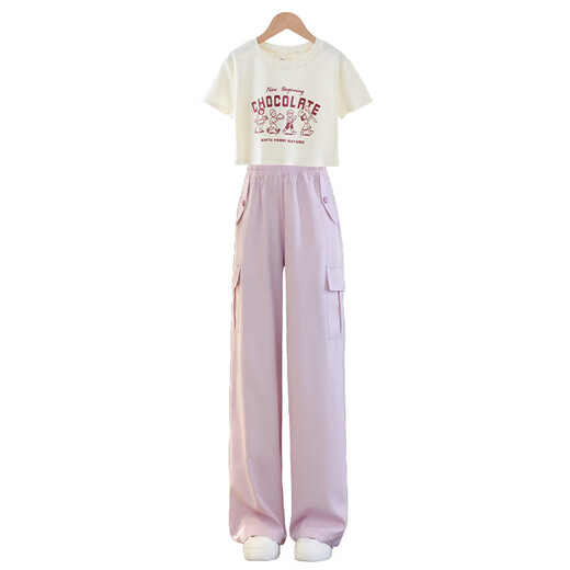 Disney Girls Summer Suit Set 2025 Neue modische Kinder im Internet Promi Summer Style Junior High School Schüler Großer Kinder Kurzarm Zweiköpfig Set 15029 Purple + 9889 White 150 cm