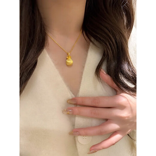 QUAMER old phoenix gold store model to attract wealth, gold money bag, brushed texture, lucky bag pendant necklace, women's new country, dotted diamond golden lucky bag + Chopard chain