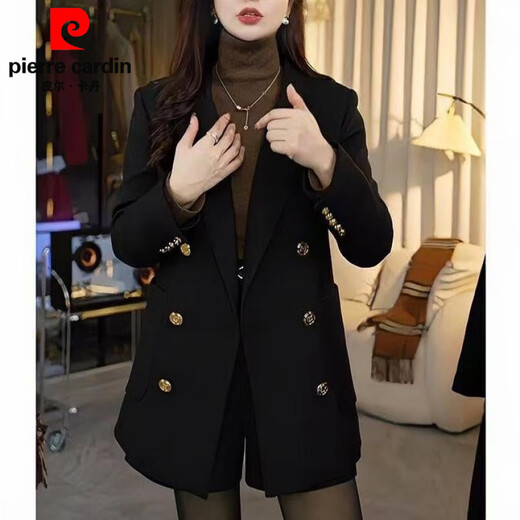皮尔卡丹黑色双排扣加厚夹棉西装外套女秋冬新款感气质显瘦百搭小西服 黑色   夹棉 L 建议(120-130)斤