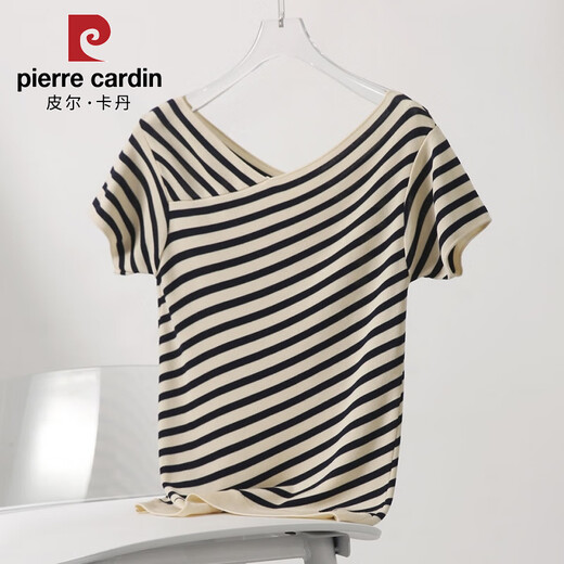 Pier Cardin Camiseta de manga corta a rayas francesas para mujeres en el verano 2025 Nuevo suéter en V deglido delgada suelta Top DX829# Color rayado M Recomendado 100-115Jin [Jin iguala 0.5 kg]