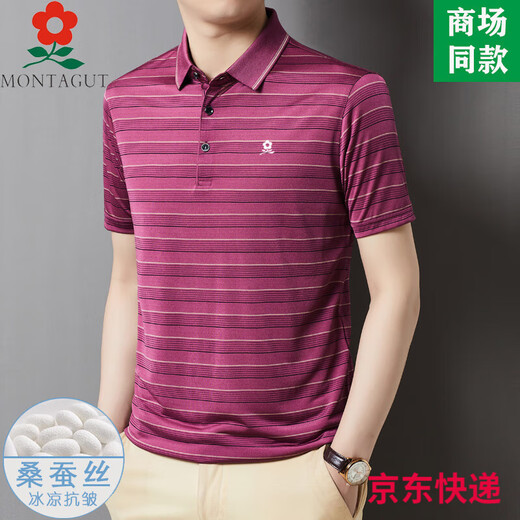 梦特娇男士桑蚕丝短袖t恤夏装真丝凉感中年条纹翻领polo衫 A829-绿色 M 165适合100-115斤