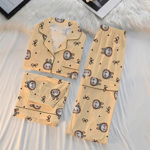 Catman 2025 New Cartoon süße kurzärmelige Pyjamas Drei-teilige Set für Außen 14132# HAT-STRIP-Kurzärärmelte + Shorts + Hosen L 95-115Jin [Jin entspricht 0,5 kg]