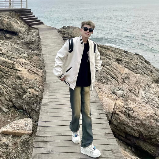 Katuchi American retro splicing jacket jacket men's spring and autumn trendy high-end handsome pilot baseball uniform top clothes white XL