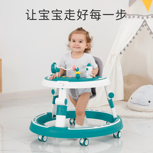 尼美乐婴儿学步车防O型腿新款1-3岁宝宝儿童防侧翻可折叠多功能学步行车 豪华绿：绿色+脚垫+音乐盘静音轮