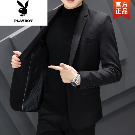 花花公子（PLAYBOY）潮流韩版西装外套男士春秋季新款通勤修身职业结婚正装小西服套装 717黑色【双扣常规】+【衬衫】 L 【105斤-115斤】