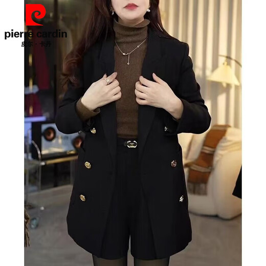 皮尔卡丹黑色双排扣加厚夹棉西装外套女秋冬新款感气质显瘦百搭小西服 黑色   夹棉 L 建议(120-130)斤
