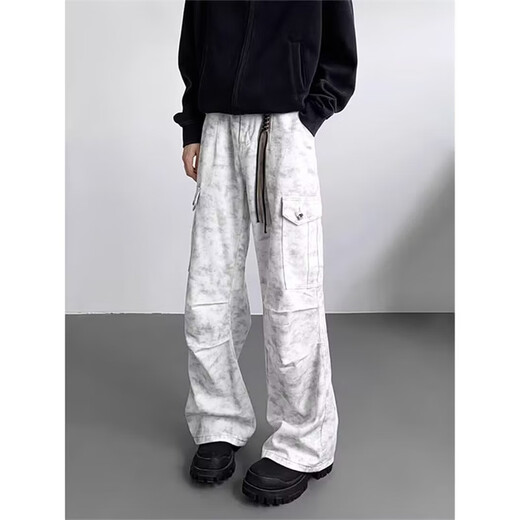 Bo Mingchen pleated casual pants for men in autumn and winter new American multi-pocket overalls handsome loose straight wide-leg pants for men apricot L recommended 120-135 Jin Jin equals 0.5 kg