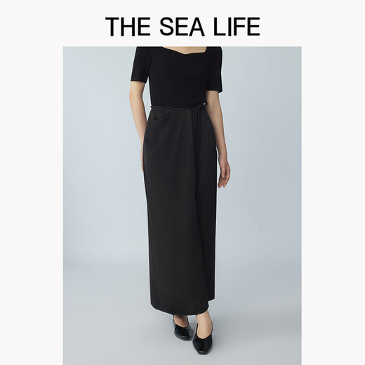 THE SEA LIFE半裙女欧海一生 冰丝半身裙2025春开衩松紧腰黑色长裙XC15265 黑法师 XL