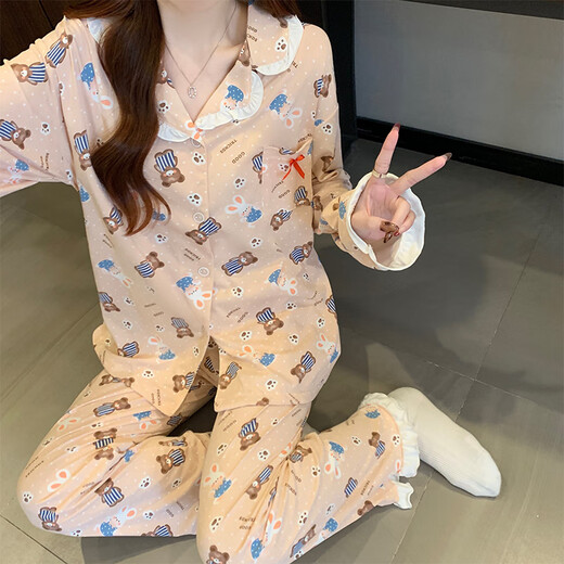 Molianya süßer Stil süßer Pyjamas für Frauen im Frühling und Herbst Sommer Langarm Dünne Schüler Prinzessinstil Cartoon Sommer Home Clothing Set 3523# Falten Stoff Doppellänge Kulomi M 75-100jin [Jin gleich 0,5 kg]