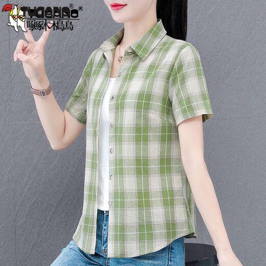 
Woodpecker cotton plaid shirt for women short-sleeved summer new loose shirt for middle-aged mothers fashionable thin top WJG 9201 blue long-sleeved M Recommended 90-100Jin [Jin equals 0.5 kg]