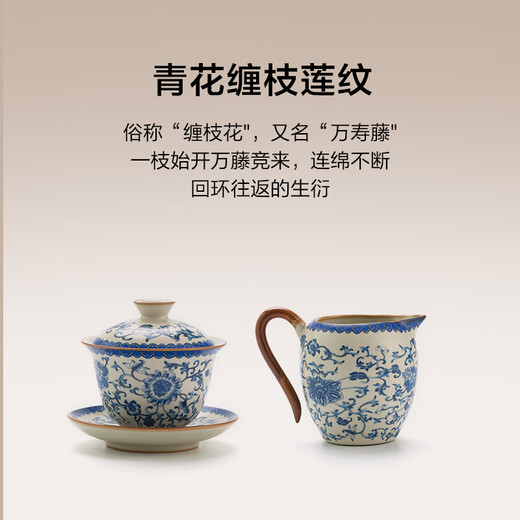 A complete set of tea sets made in Tokyo. Blue and white Ru kiln Kung Fu tea set. Blue and white tangled lotus 19-piece household tea set.