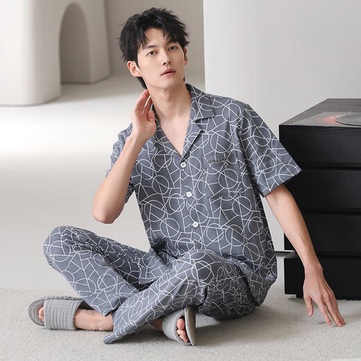 Pajamas de hombres de algodón puro de verano de yalu para hombres, estante de algodón de algodón fresco cómodos pantalones de manga corta, juego de dos piezas para ropa casera para usar afuera. Estilo: 09M9856 2XL Recomendado: 175-180 cm/70-80 kg