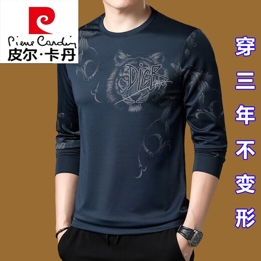 Pierre Cardin Ice Seide Seiden mittleren Alters mit langärmeligem T-Shirt Herren-Rundhals-Sweatshirt-Herren-Feder- und Herbst-Tops New Trendy T-Shirt Basishemd T Molan 677 Modell 165/M (100jin [Jin gleich 0,5 kg] -120jin [Jin Equals äquals])