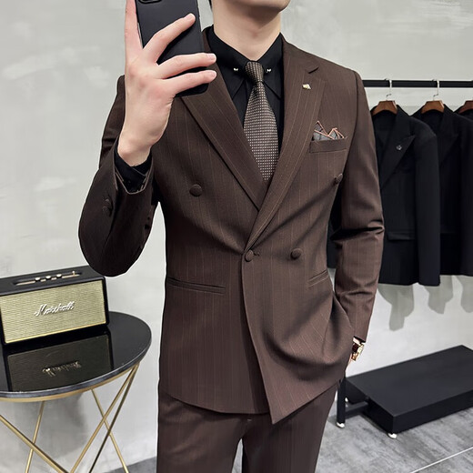 Jason men's double-breasted striped suit suit groom wedding dress business casual work interview suit three-piece suit dark brown (suit + pants) M (95-110Jin Jin equals 0.5 kg)