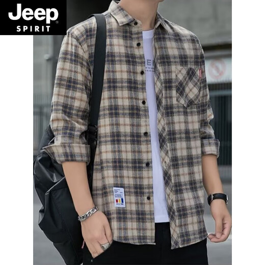 Jeep Spirit Plaid Camiseta informal de primavera y otoño Camisa de manga larga Top coreana Retro Summer Flin Jacket K12111 metros Azul + K12108 White XL 125-145Jin [Jin equivale a 0.5 kg]
