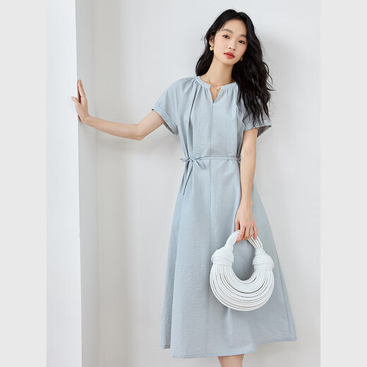 梵希蔓浅蓝色法式V领连衣裙女2025夏季新款收腰系带显瘦休闲长裙 M9733 浅蓝色 XL