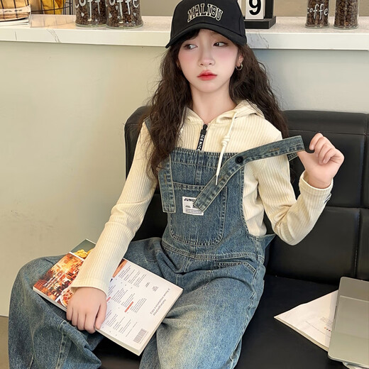 Maidou Xiong Girls Internet Celebrity Overalls Set New Spring and Autumn Clothing Medium and Large Children's Fashionable Denim Overalls Two-piece Set Single-piece Overalls Front Pocket Style 150