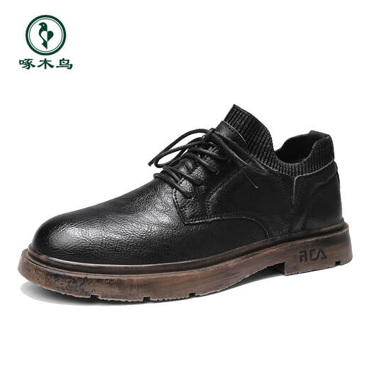Woodpecker casual leather shoes British business formal wear men's shoes 2025 spring and autumn new trendy versatile retro socks genuine leather casual shoes black (9921) 39