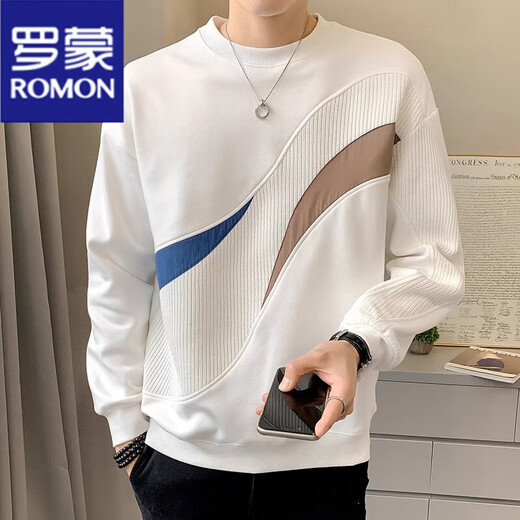 ROMON long-sleeved T-shirt men's 2025 spring and autumn new style youth men's base shirt casual simple color-blocking round neck sweatshirt 7371 white M [90-110Jin [Jin equals 0.5 kg]]