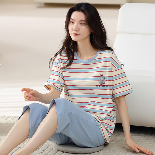 Modal 100% pure cotton pajamas for women in summer 2025 new cotton short-sleeved cropped pants for women home clothing set summer YY-N63648 L 105-125Jin [Jin equals 0.5 kg] Order before four o'clock, shipped on the same day