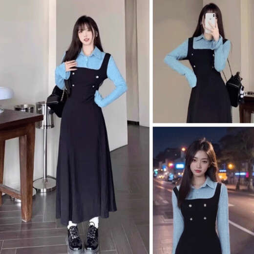 St. Paul's fake two-piece knitted long-sleeved shirt dress women's spring and autumn 2025 new waist slimming A-line long skirt dress S size