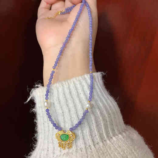 Canxian original S100 sterling silver natural tanzanite and pearl broken silver necklace with silver inlaid jade Ruyi pendant