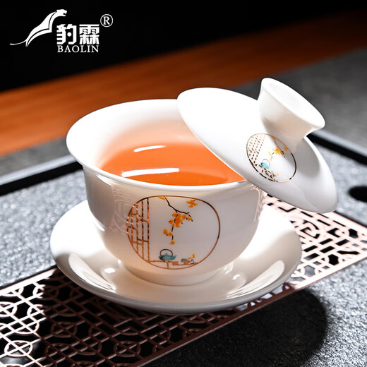 Baolin Dehua mutton-fat jade tea set Kung Fu set Chinese light luxury tea cup office white porcelain teapot cover bowl set 10 mutton-fat jade-covered bowl-Chinese window grille No Specifications