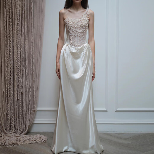 Wutuo white tube top dress evening lady banquet temperament birthday niche light luxury satin light wedding dress fishtail heavy industry white XS