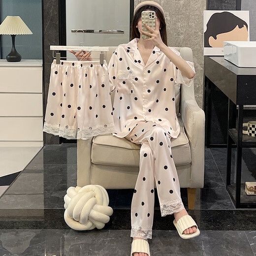 猫人睡衣女夏季三件冰丝短袖薄款大码风春秋绸米色家居服 LT-3881-3-杏 M