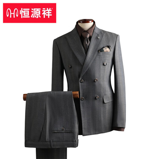 Hengyuanxiang Plaid Suit Set Men's Business Casual Formal Groom Wedding Feeling Large Size Professional Suit Two-piece Set 35 Styles Double-breasted Gray Plaid Suit+Trousers 2XL 54