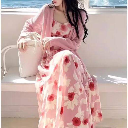 妃莉杋（FeiLiFan）法式碎花连衣裙女装2025新款春季穿搭一整套粉色开衫气质吊带裙子 粉色开衫+吊带裙 L 【建议100-115斤】