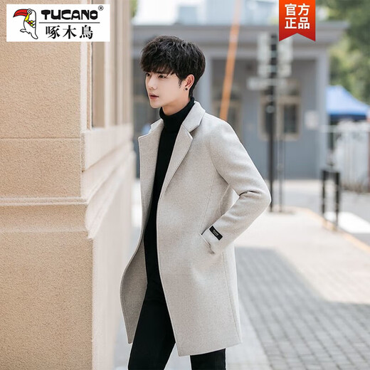 Woodpecker (TUCANO) Men's Windbreaker 2025 Autumn and Winter Korean Style Trendy Mid-Length Windbreaker Men's Slim and Handsome Woolen Coat Jacket Men's Light Gray F3 XL 130-140Jin Jin is equal to 0.5 kg