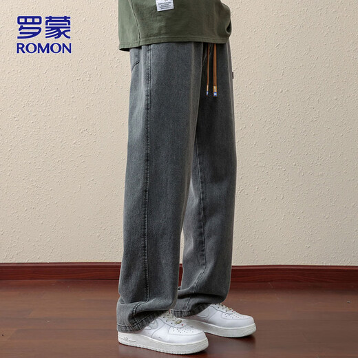 ROMON jeans men's autumn and winter loose casual pants men's straight wide-leg pants men's trendy trousers