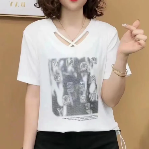莎羽依t恤女2025新款夏季字母上衣时尚气质减龄休闲显瘦T恤短袖洋气小衫 9934白色 M 建议85-100斤