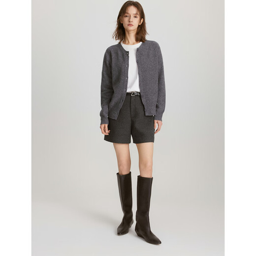 ELLE 100% sheep wool simple temperament wool sweater for women 2025 autumn new round neck sweater cardigan dark gray L