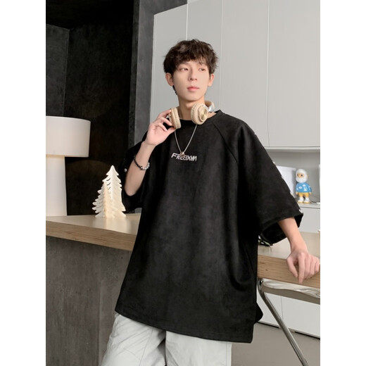 康创晖麂皮绒男夏季新款重磅痞帅潮牌设计感小众宽松休闲五分半袖体恤 灰色 麂皮绒1343刺绣 M