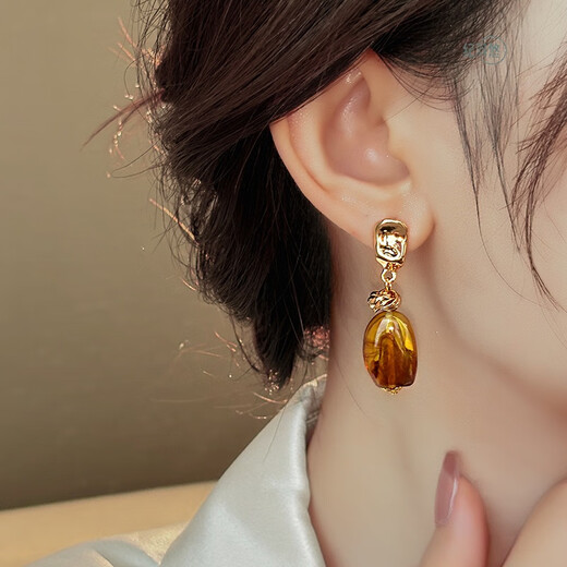 Ji Yuyou Clear Amber Maillard Earrings Women's High-Quality Light Luxurious Temperament Earrings Autumn and Winter Earrings 2025 New Amber